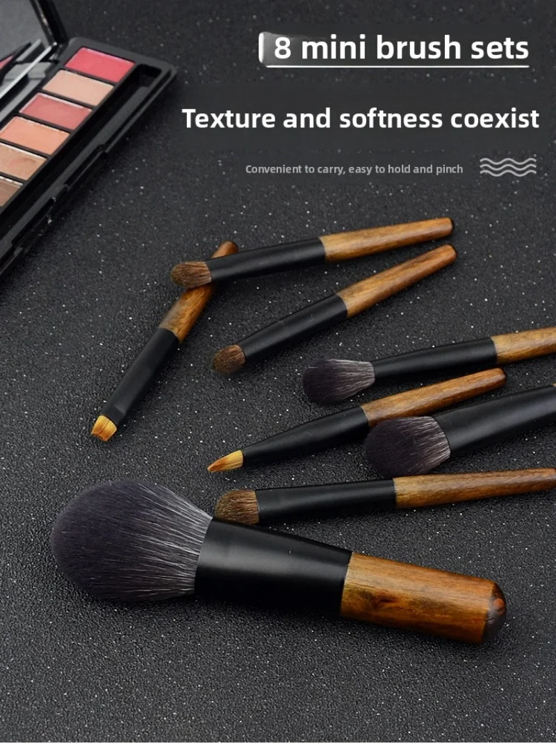 8 Pcs Mini Soft Wooden Makeup Brush Set - Powder,Stippling,Eyeshadow,Blush,Highlighter,Contour,Blending Brushes