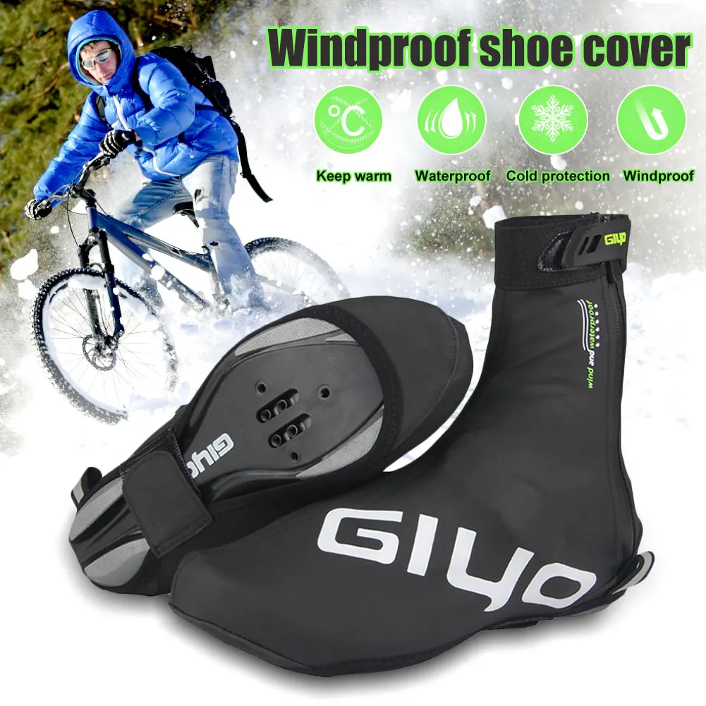 WSKEJI Windproof Fleece Warm Cycling Lock Shoe Covers Reflective Bicycle Overshoes Winter Road Bike Shoes Cover Protector