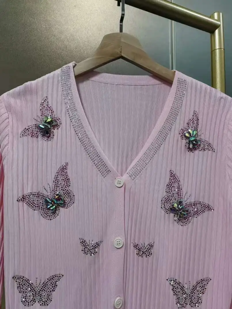

New In Spring 2025 Rhies Embroidery Hot Drilg Knitted Crop Cardigan Women's V-Neck Long Sleeve Sweater Coat Top