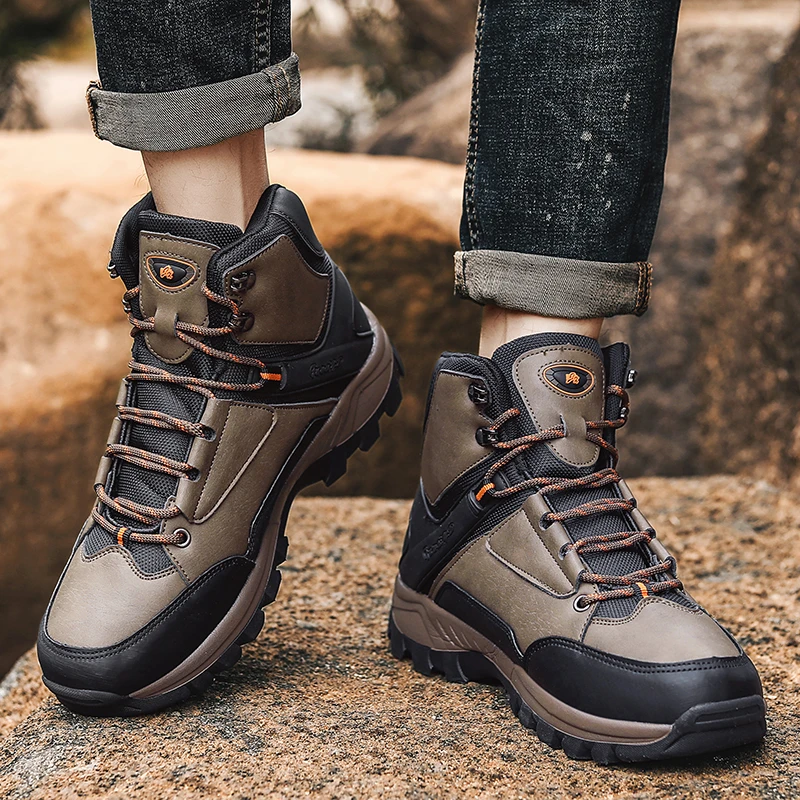 Microfiber Leather Men Boots Outdoor Sports Non-slip High-top Hiking Shoes for Men Optional Plush Winter Ankle Boots Big Size