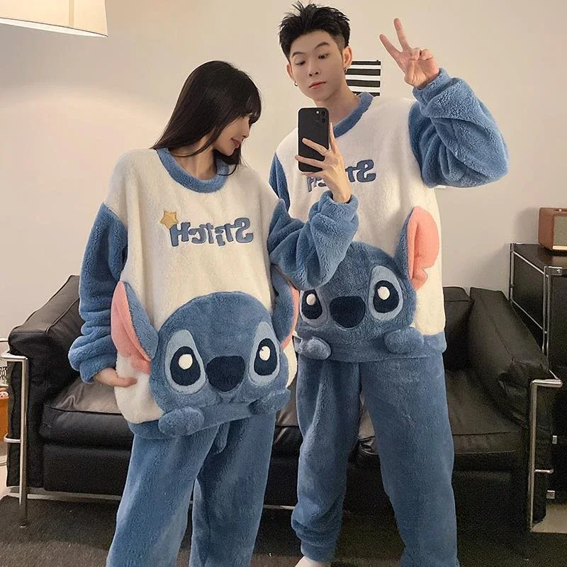 Cartoon Disney Couple Pajamas Winter Coral Plush Crew Neck Long Sleeve Pants Two-piece Set Stitch Couple Set Women's Pajamas