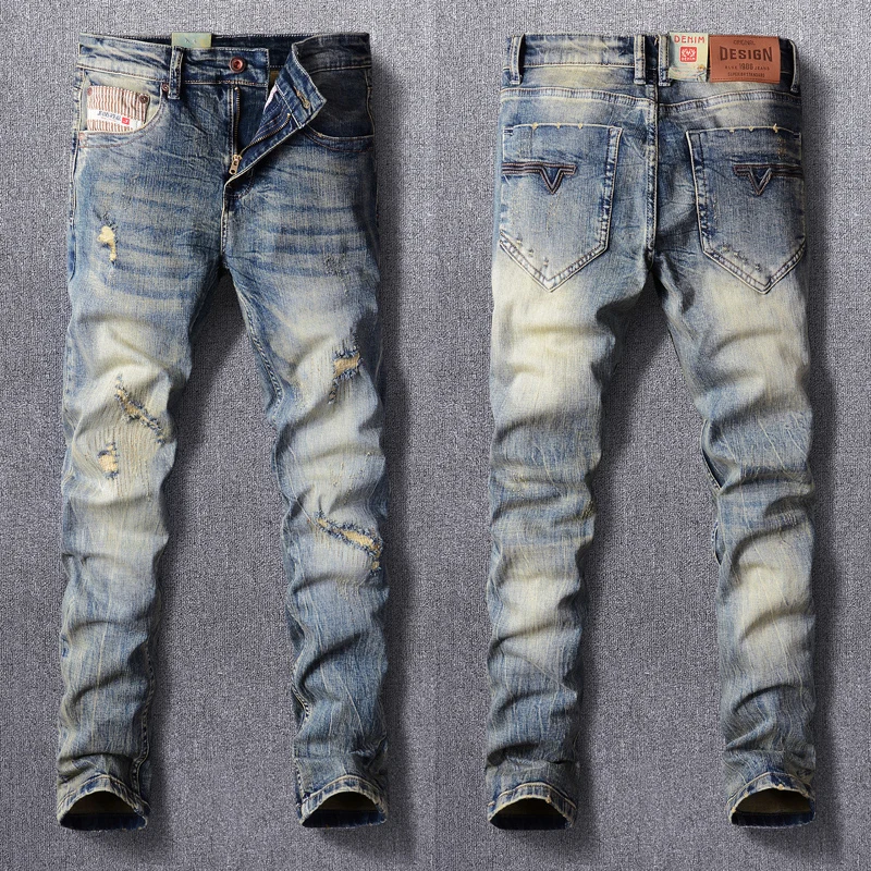 

Fashion Designer Men Jeans Retro Yellow Blue Elastic Slim Ripped Jeans Men Trousers Patchwork Vintage Casual Denim Pants Hombre