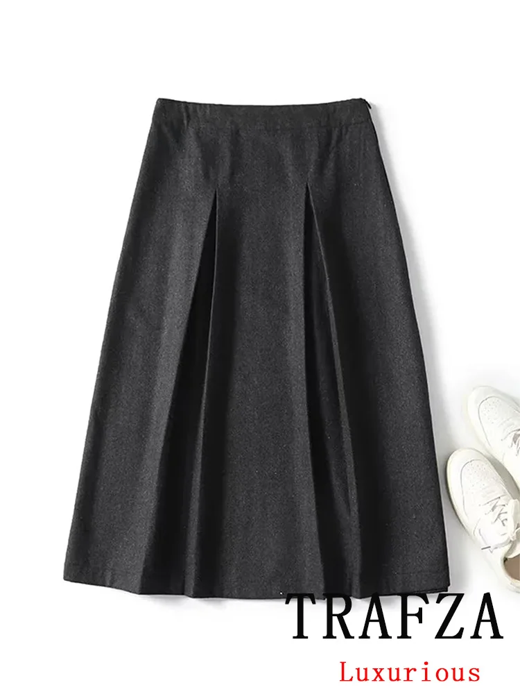 TRAFZA Vintage Casual Chic Women Skirt Gray Solid Zipper Long Folds Thick Skirt Fashion 2025 Winter Holiday Female Long Skirt