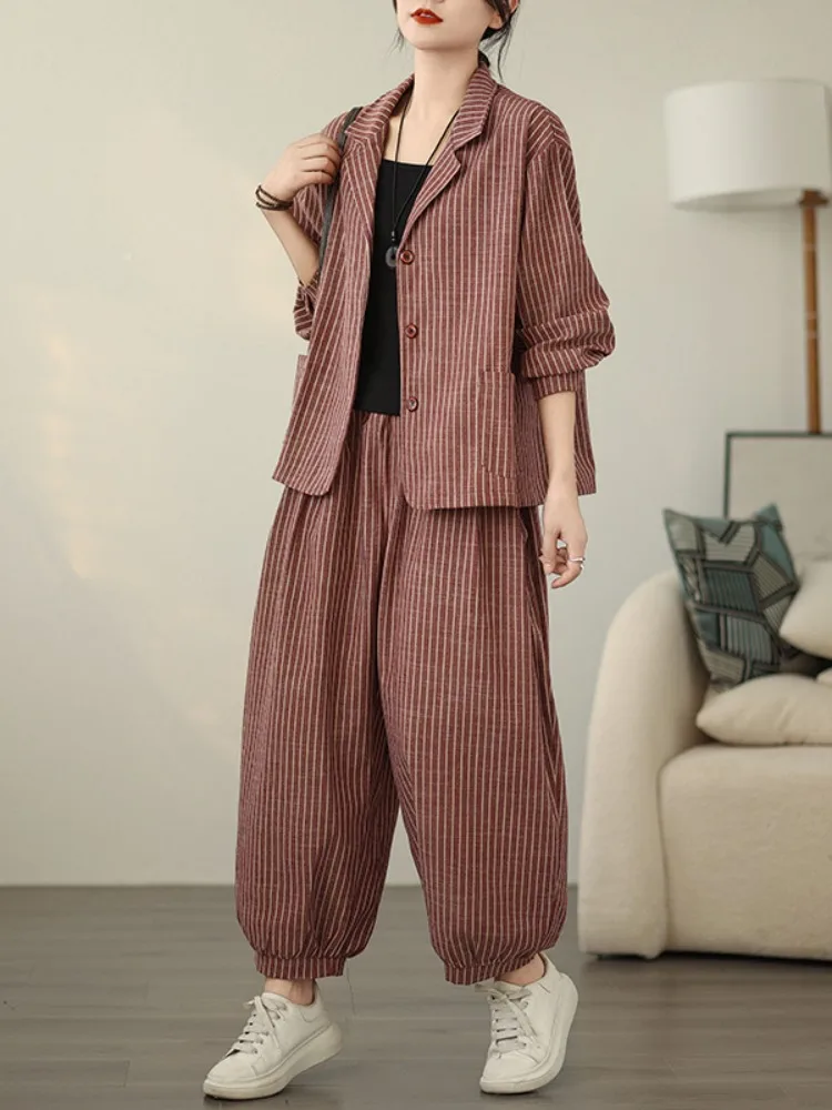 

Retro Striped Cotton Linen Suit Set Women's Casual Wide Leg Harlan Pants Loose plus Size Two Piece Set Autumn High End Atmosp...