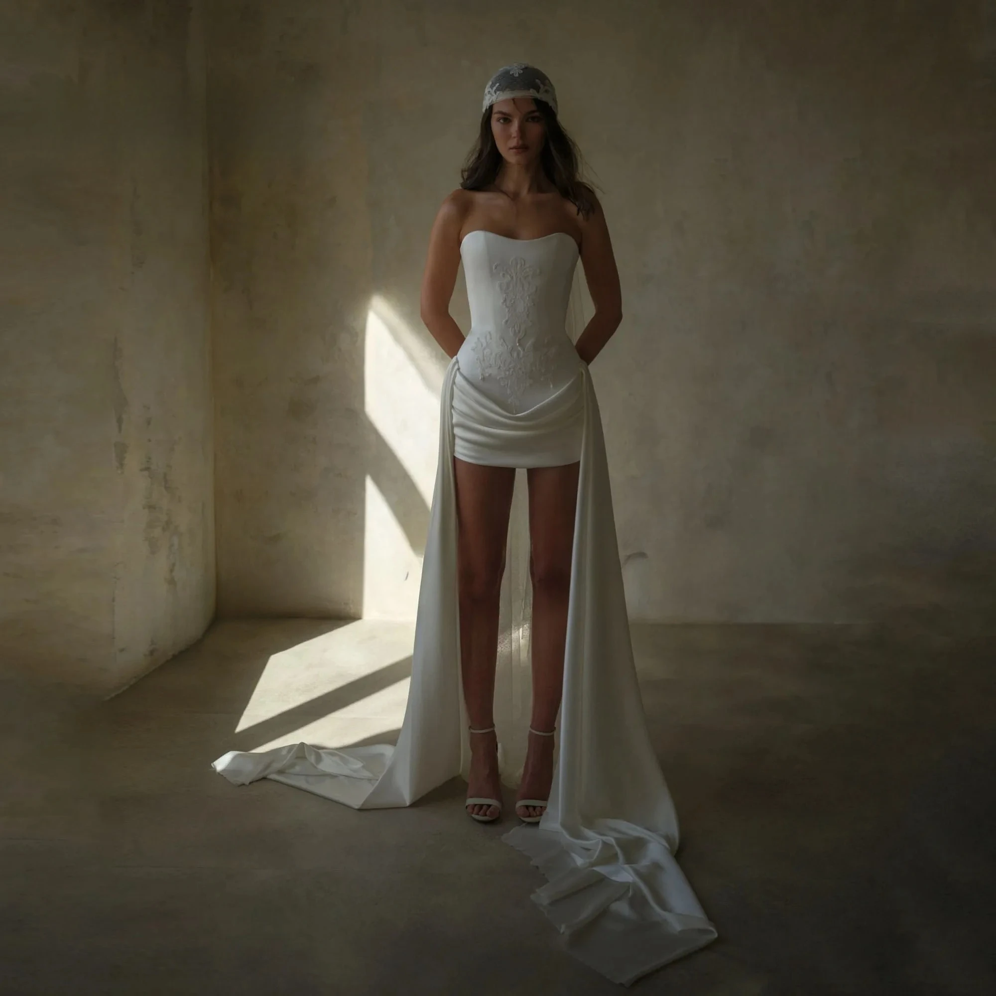Customized Elegant Pleated Strapless Straight Satin Mini After Wedding Dresses Sexy  A-Line Vestido Applique Gowns for Bride