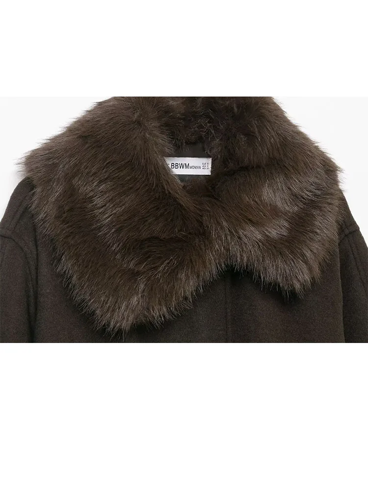 여성 겨울 인조 모피 효과 라펠 긴 소매 싱글 브레스티드 벨트 포켓 장식 코트 재킷 여성 캐주얼 코트