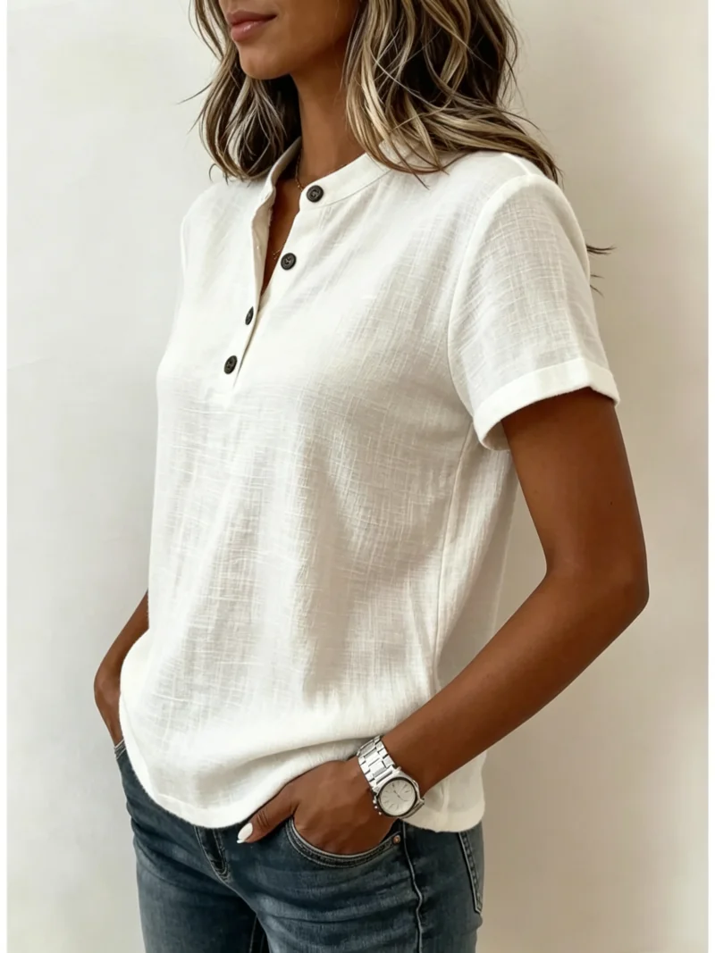 Women Short Sleeve Linen Blend Henley Top Button Front Casual Summer Blouse Loose Fit