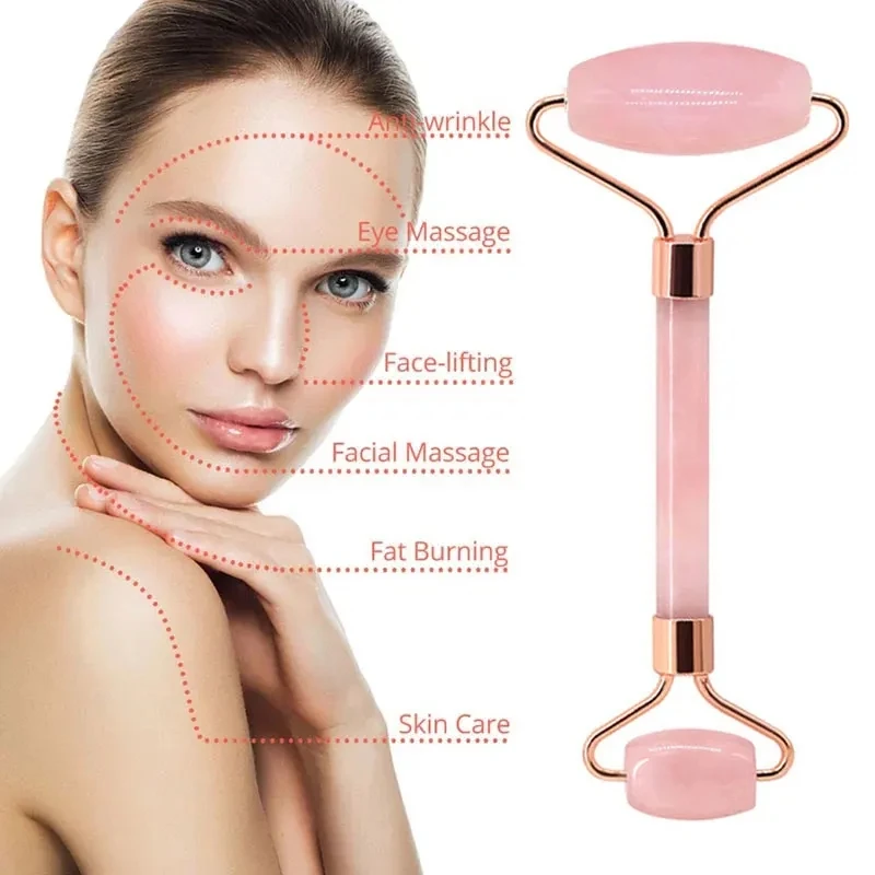 

Natural Rose Quartz Jade Roller Gua Sha Set Gouache Scraper Face Massage Roller Gouache Stone Skin Care Beauty Tools