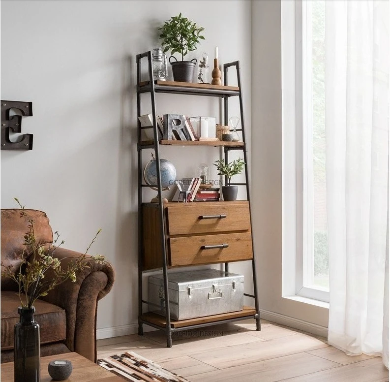 

American retro solid wood living room bookshelf simple shelf floor display rack multi-layer display rack wrought iron storage