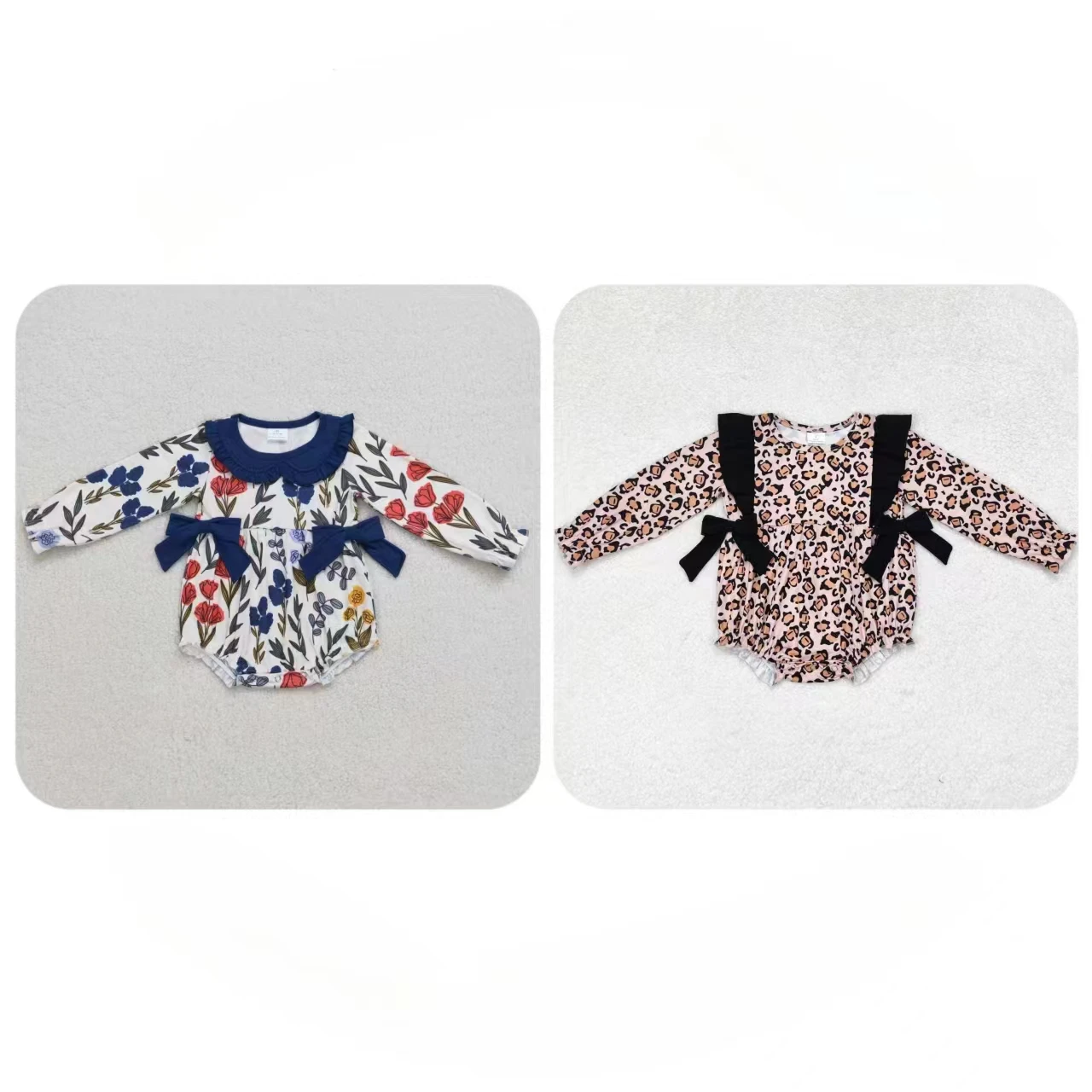 

Wholesale Toddler Baby Girl Bows Flower Leopard Romper Kids Bubble One-piece Newborn Coverall Bodysuit Long Sleeves Jumpsuit