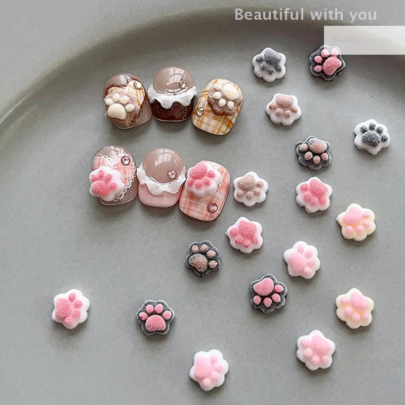 

10pcs 3D Plush Mini Cat Paw Nail Art Charms Velvet Resin Nail Art Decoration Cartoon DIY Manicure Salon Party Winter Girls Gift