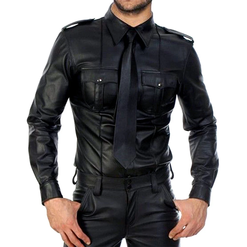 Fashion Hot Sale New Quality Men Shirt Club Wear Tops Black Button Cocktail Faux Leather Solid Color Long Sleeve