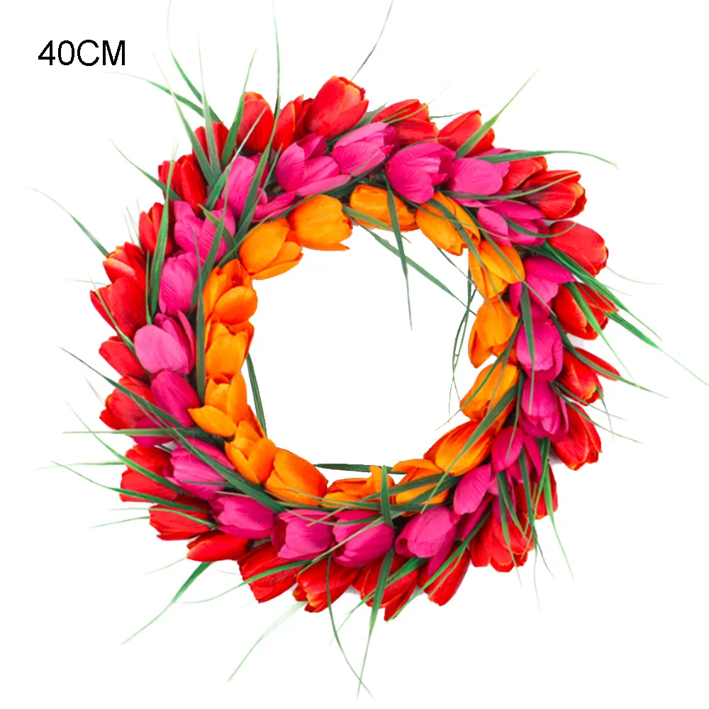 

Artificial Tulip Wreath Silk Spring Front Door Garland Handcrafted Grapevine Wreaths Display For Home Decoration