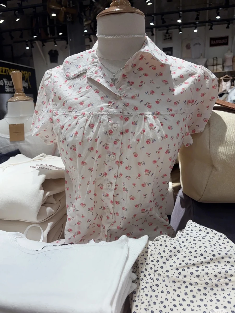 

Red Floral Sweet Short Sleeve T-shirt Blouse Woman Summer Pan Collar Single Breasted Cotton Tees Casual Vintage Cute Slim Tshirt