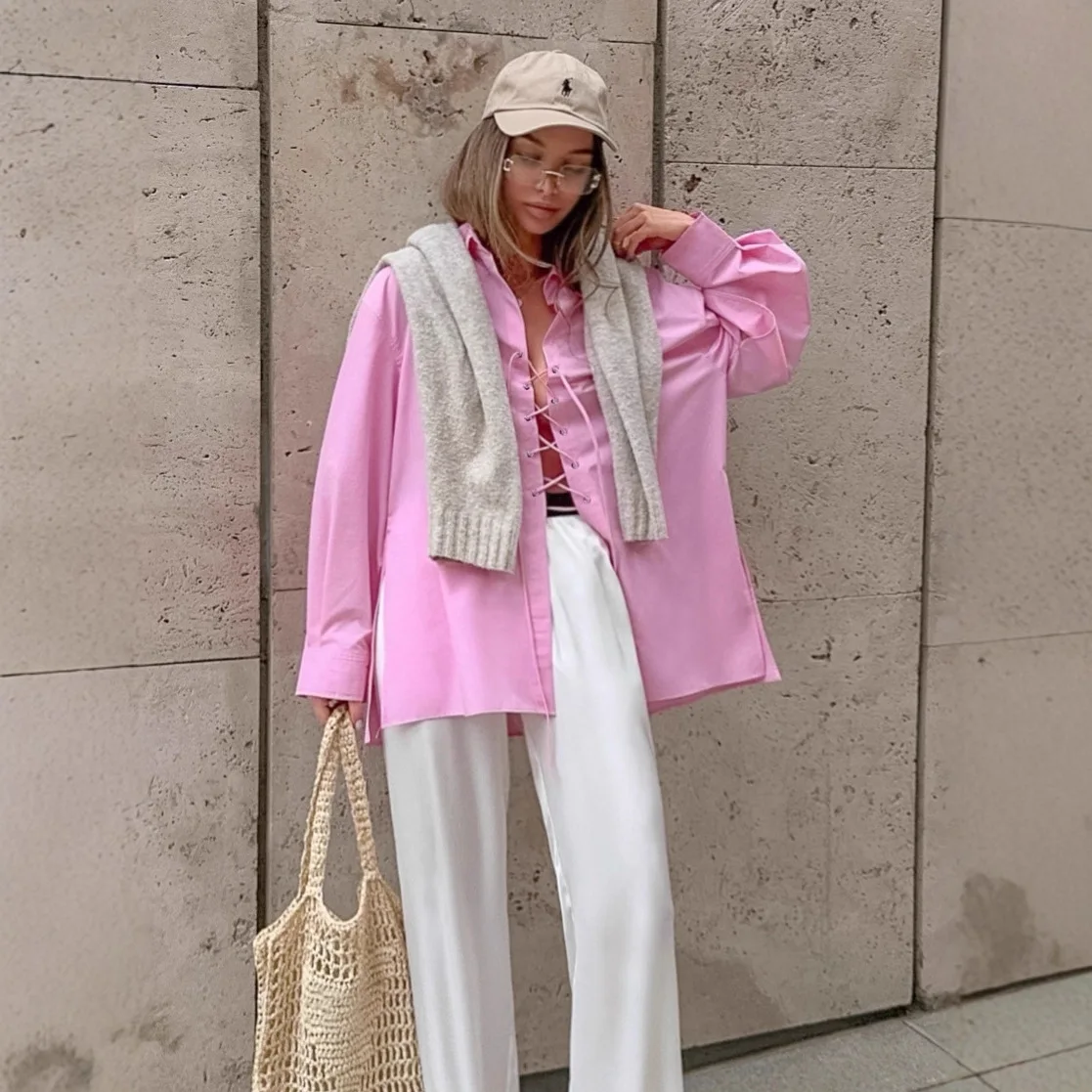 

Модная блузка на шнуровке для женщин, однотонная, с длинным рукавом, отложным воротником, боковым разрезом, свободного кроя, весна-осень, элегантный универсальный дизайн, топы в стиле Y2K