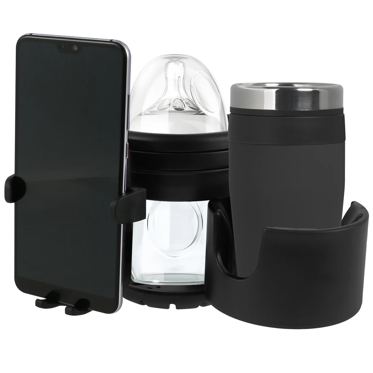 

3-In-1 Stroller Cup Holder & Phone Holder Universal Double Hole Pushchair Bottle Organizer Holders 360° Rotating Phone Holders