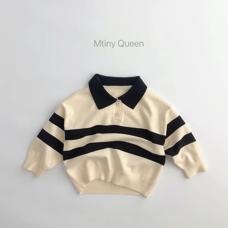 Children Sweater Knittted Pullover 2024 Autumn New Two-button Striped Lapel Boy's Sweaters All Match Girl's Sweater Tops 80-130