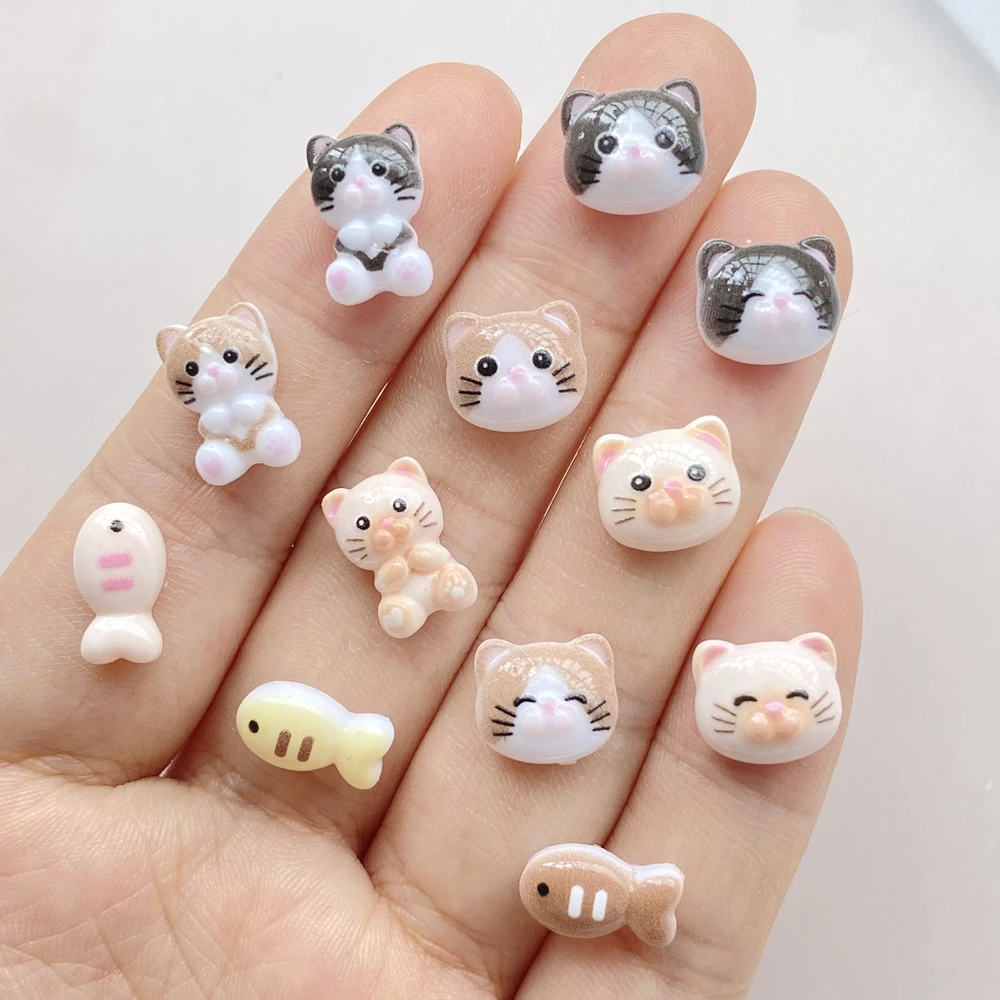 50Pcs Cute Cartoon Mini Cat, Little Fish Series Nail Art Resin Designer Charms DIY Craft For Nail 3D Decorations Jewelry