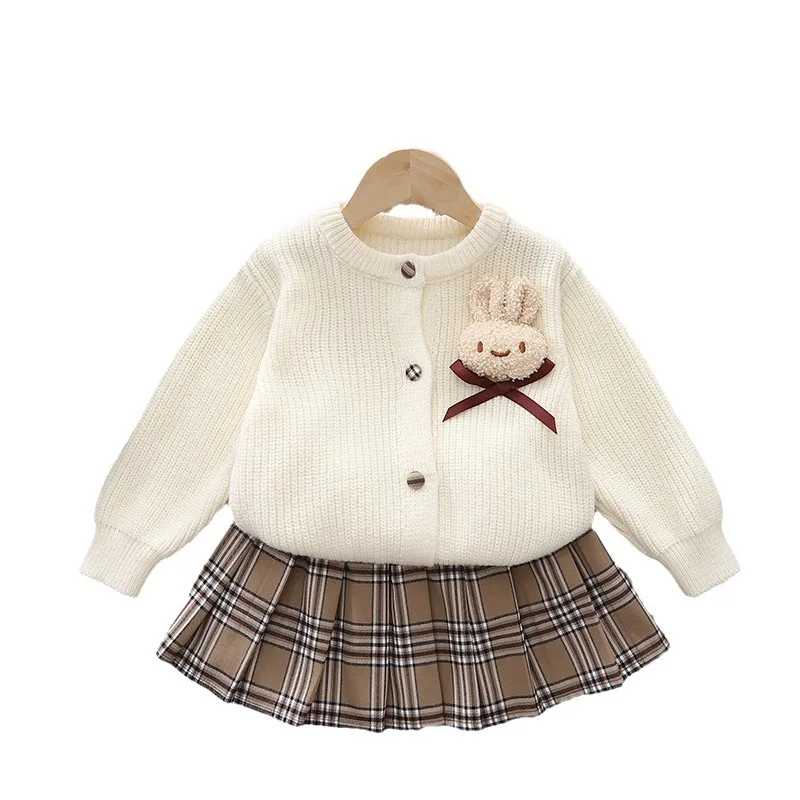 2024 Autumn Winter Babys Girl Two-piece Clothes Set 3D Rabbit Knitted Sweater Cardigan Outfits Fleece Plaid Skirt Kid Girl Suits