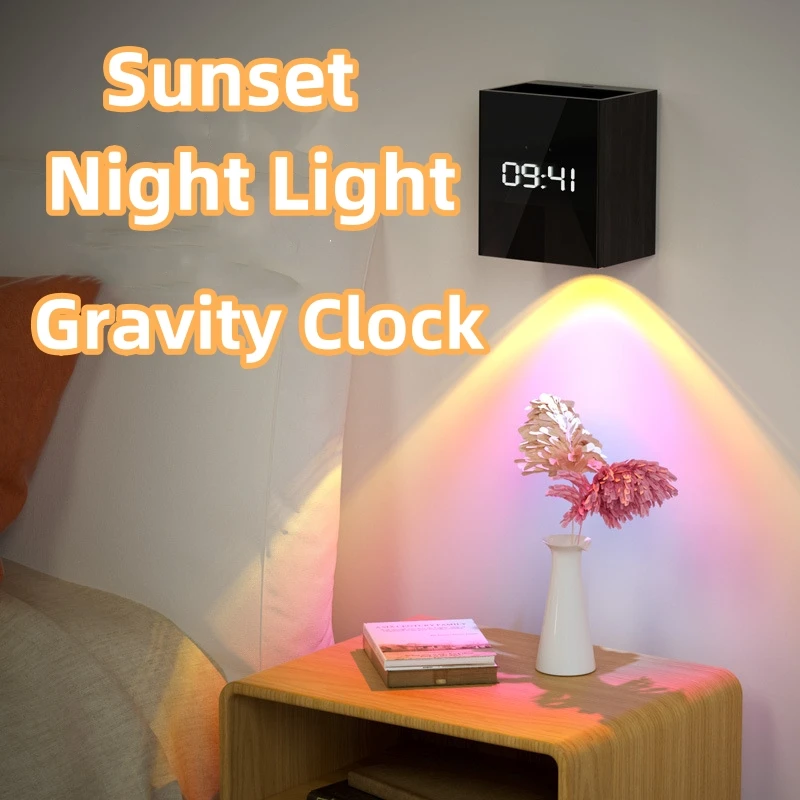 Sunset Night Light Gravity Clock Bedroom Wall Home Decoration Lamp Projection Rainbow Room Atmosphere Led Creative Lamp Remote