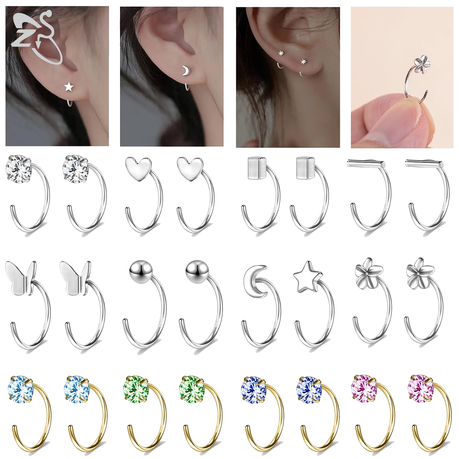 ZS 1 Pair 20G 925 Sterling Silver Earrings For Women GirIs Heart Moon Flower Shape Round Earring Korean Minimalist Earrings