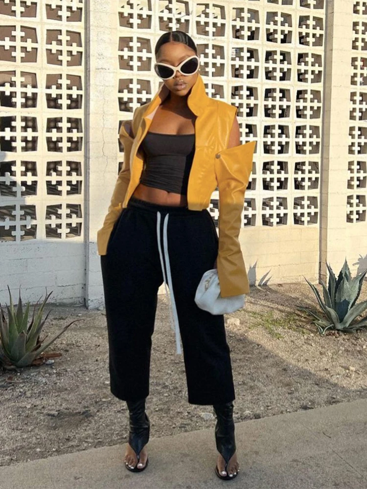 

InGrily Hollow Crop Jacket Women PU Hipster Long Sleeve Cardigan Autumn Wild Basic Streetwear Patchwork Stripe Y2K Trend Coat