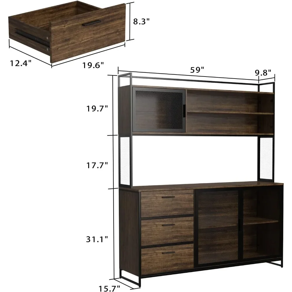 Pantry Cabinets with Hutch, Metal Frame Cupboard with Mesh Door, Drawer & Microwave Shelf, Freestanding Kitchen Storage