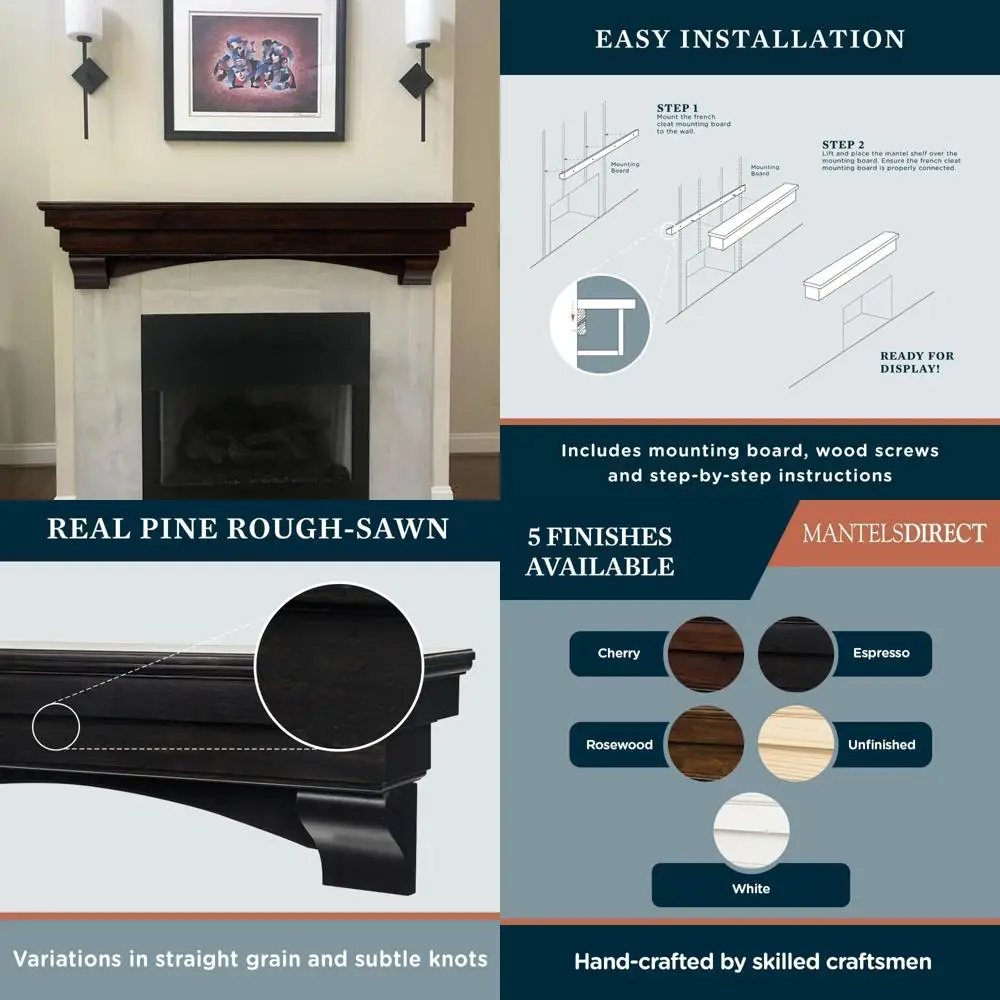 

Espresso 72 Rustic Wall-Mounted Salem Wood Mantel Shelf with Arched Corbels | Modern Fireplace Accessory