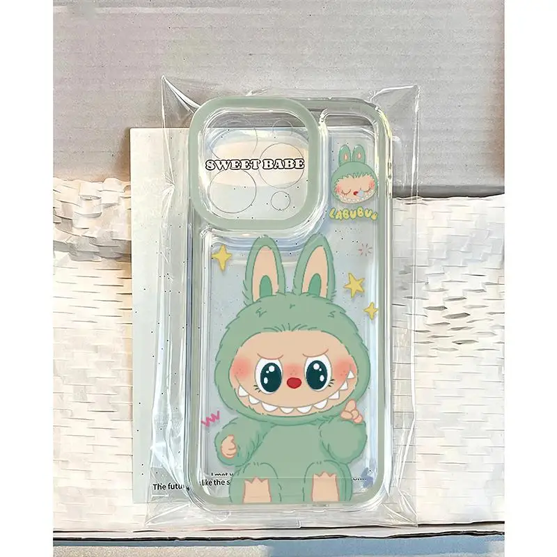 Mint Green Frame Kawaii Labubu Cartoon Lovely Phone Case For iPhone 16 15 14 13 12 11 Pro Max XR XS MAX 7 8 Plus Y2K Cute Cover