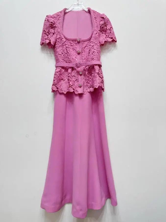 

Lace Midi Prom Dress Women Short Sleeve 2023 Summer Clothes New Hollow Out Elegant Lady Bridesmaid Party Evening Vestidos Female