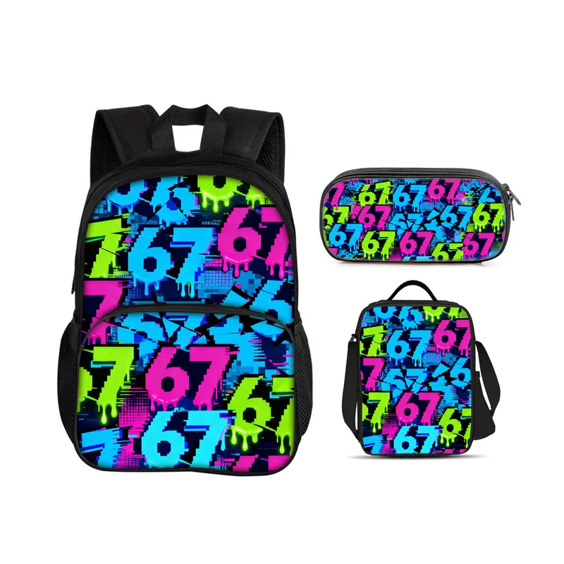 67 letter Round Front Bag Backpack Pen Bag Ice Bag 3Pcs Set Cartoon Print New Trendy Student Best School Companion