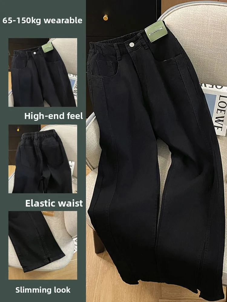 

plus Size Women's Bla Elastic Straight Leg Jeans Autumn Winter Pants Slimming Nine-Piece e Tube Pants High Waist Commut...