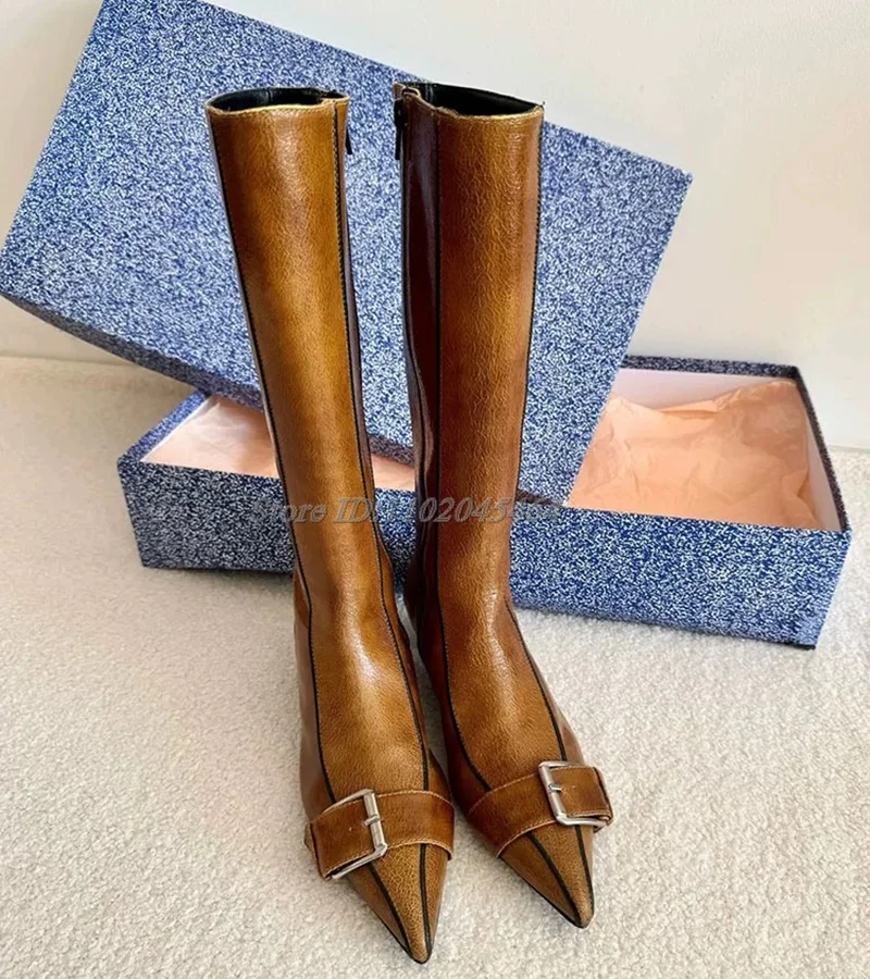 Vintage Pointy Toe Low Heels Real Leather Knee High Boots Women\'s Kitten Heel Brown Zipper Buckled Long Boot Luxury Shoes