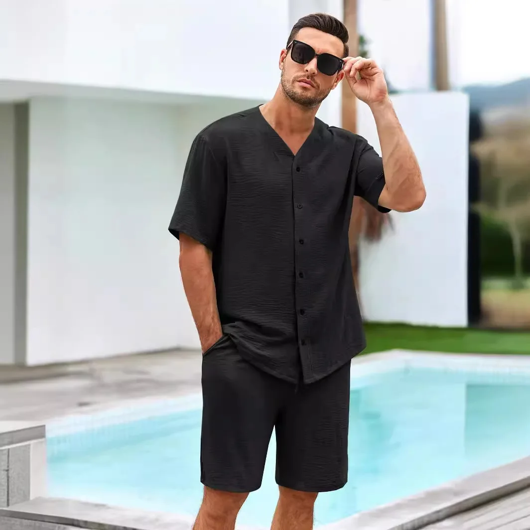 Summer New Casual Sportswear Loose V-Neck Button-Down Short Sleeve Shirt Shorts Mens Two-Piece Suit