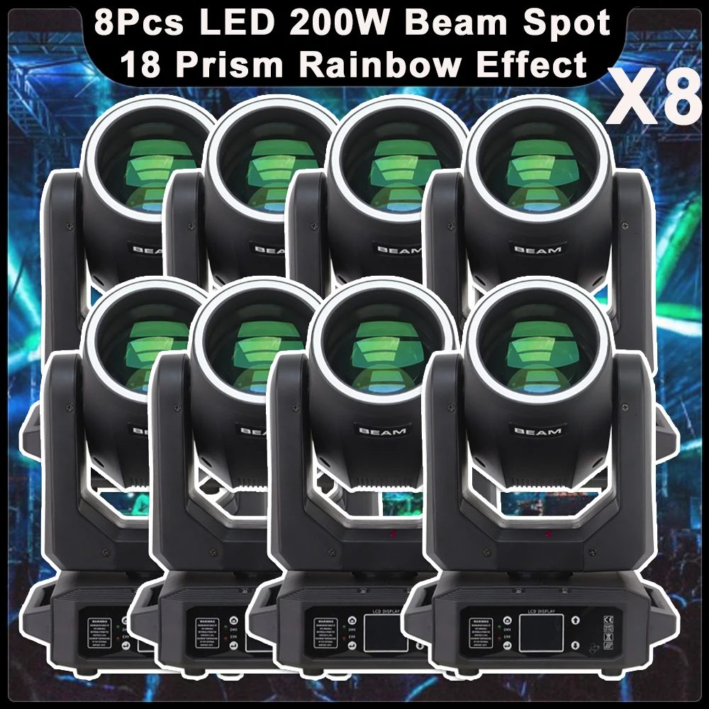 8Pcs/lot YUER 200W LED Moving Head Light Beam+Spot+With Aperture+18 Prism+Rainbow Effect Stage Lights DMX DJ Disco Party CLub