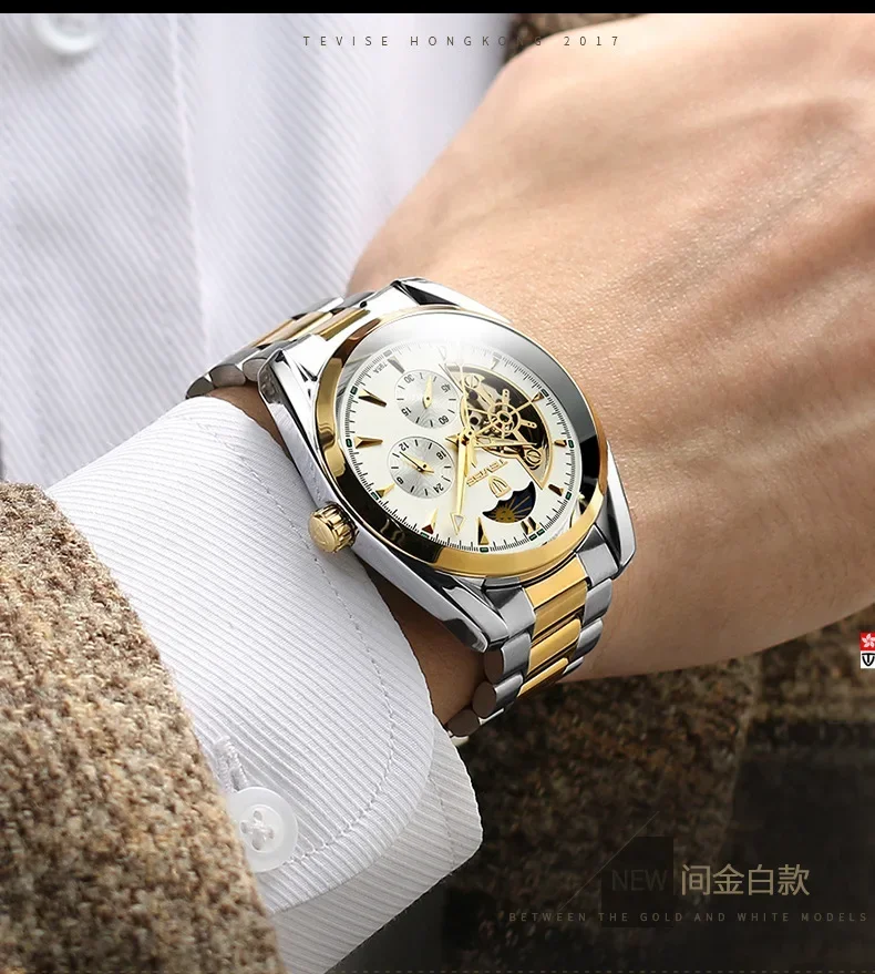 Fashion Tevise Mens Top Brand Luxury Tourbillon Automatic Mechanical Watch For Men Full Stainless Steel Waterproof Reloj Hombre