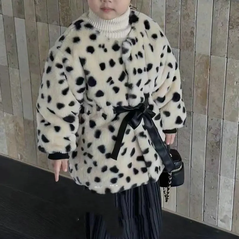 Winter Girl's Coat Dotted With Imitation Rabbit Hair And Cotton Clip Thickened Outer Garment Top Waist Tightening Warm Jacket