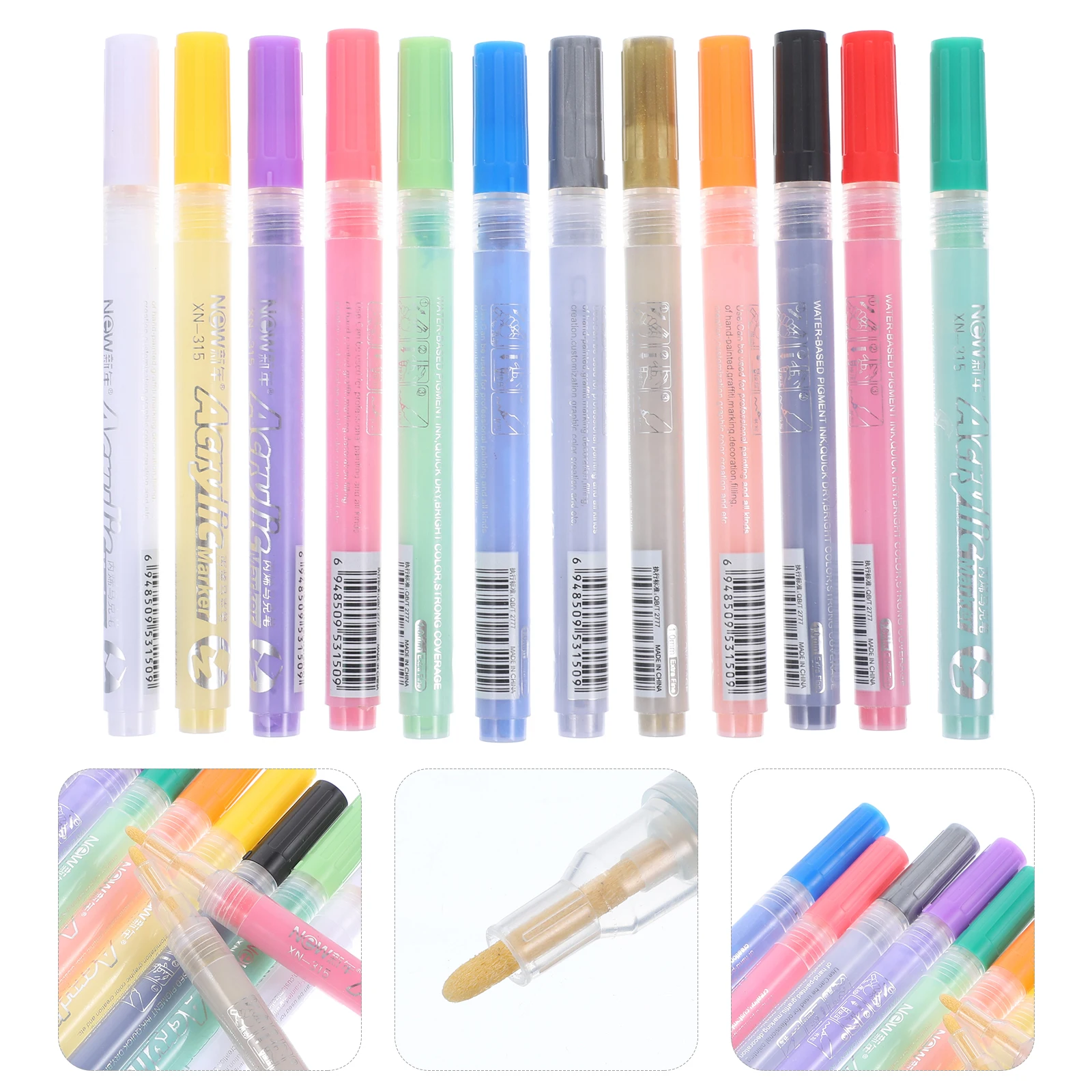 

12pcs Acrylic Paint Markers Multi-Function Portable Painting Markers For Wood Metal Fabric Sketching Writing Quick Drying