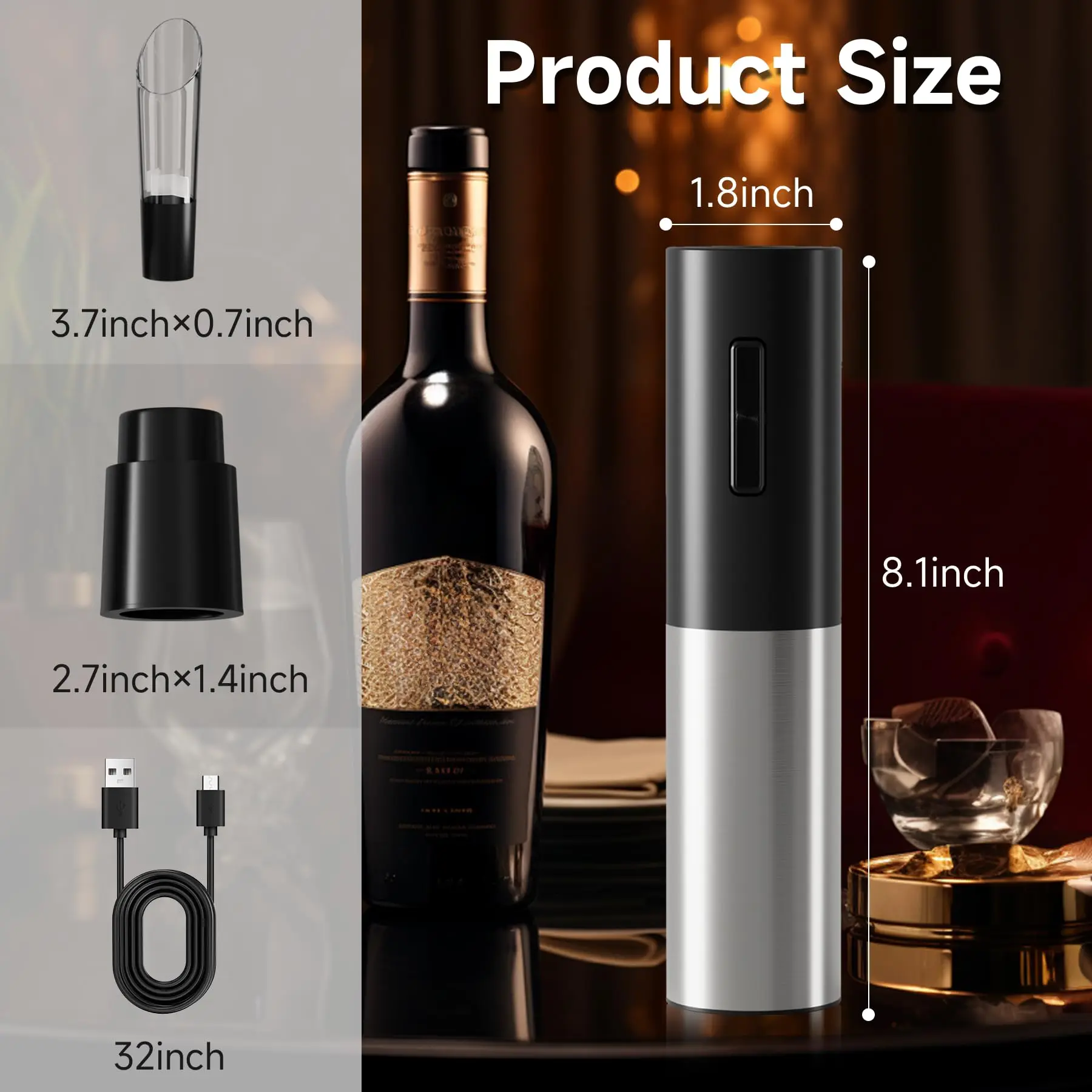 Tire bouchon vin, décapsuleur électrique automatique à chargement USB, décapsuleur de bouteille de vin 4 pièces avec coupe-feuille, verseur de vin, pompe à pression d'air, outils de cuisine