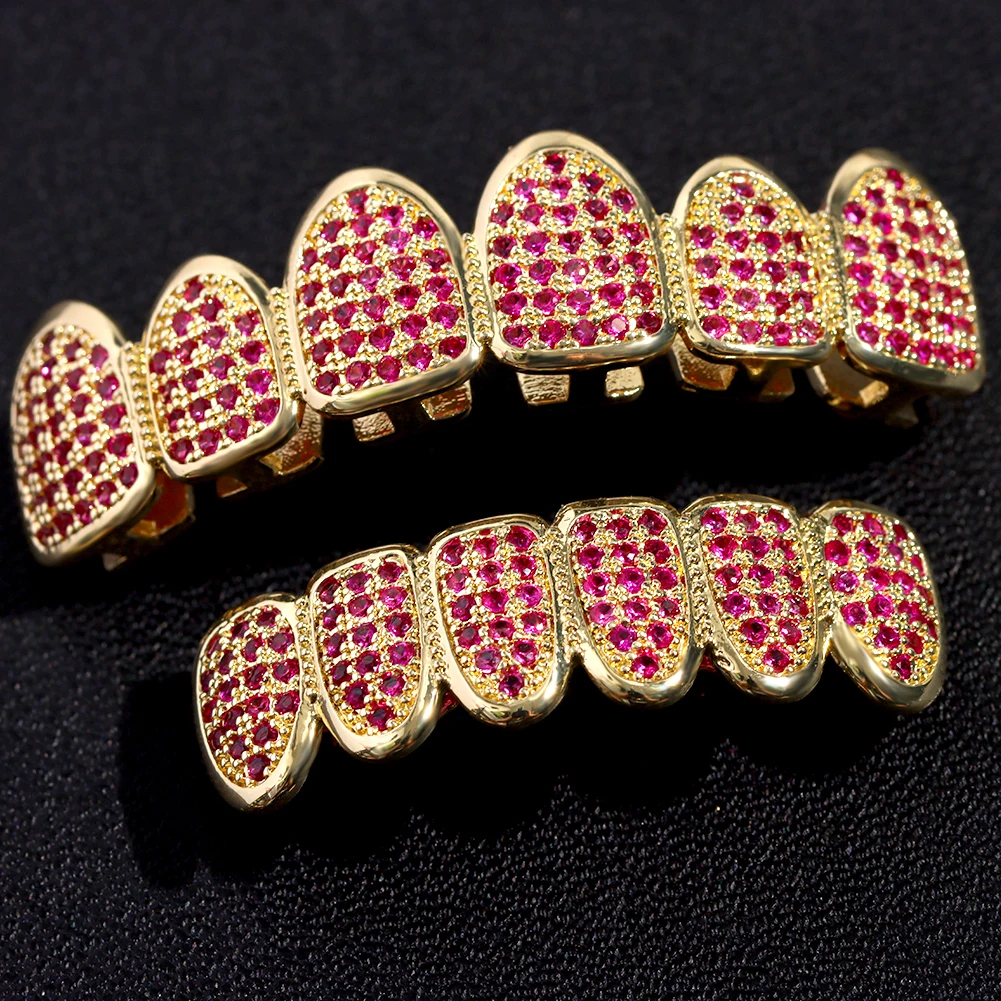 Juego de dientes de circón rosa para hombres y mujeres, diamantes de imitación de Hip Hop, Grillz de dientes de circón cúbico Iced Out, pavé superior e inferior, regalo de joyería Dental