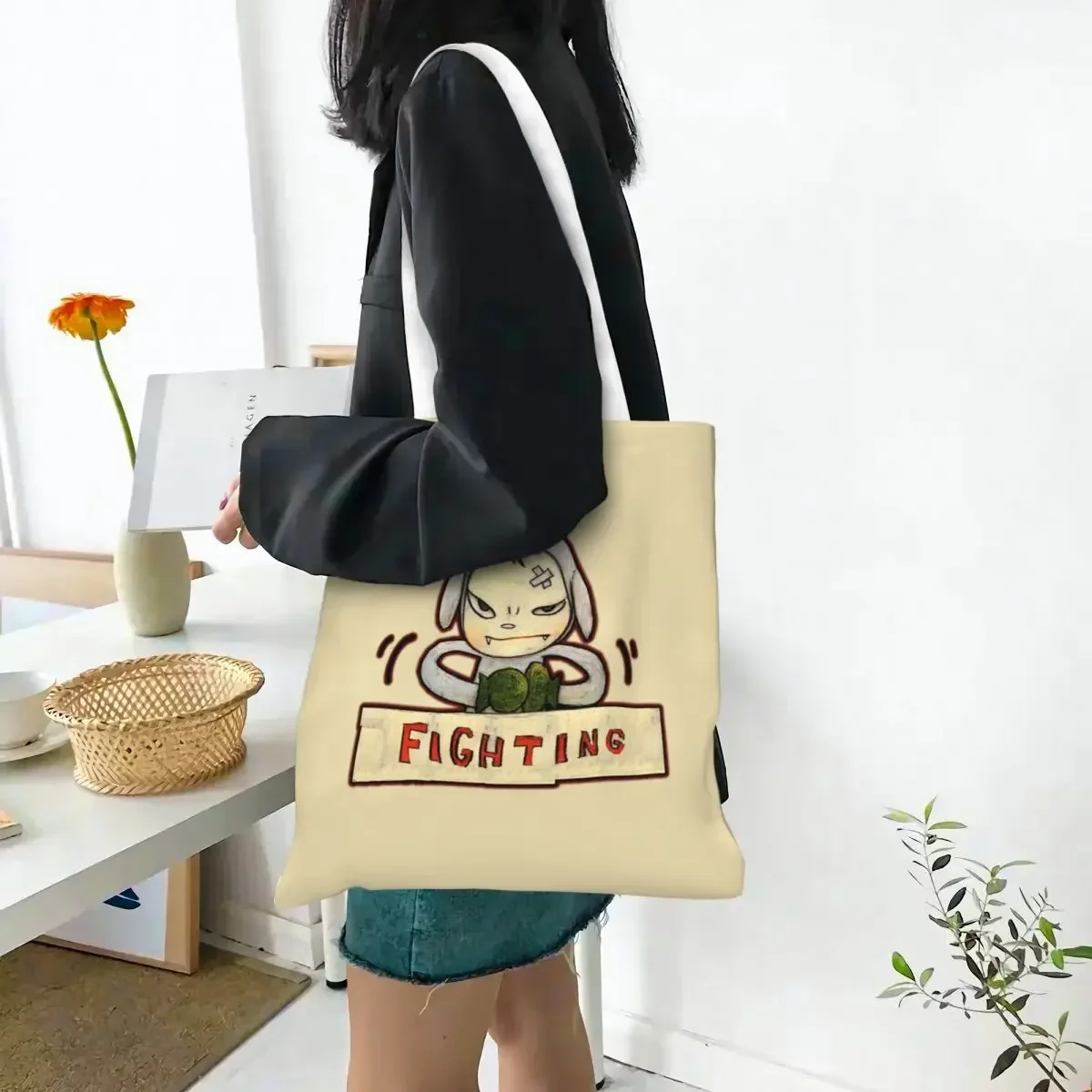 Yoshitomo Nara Fighting Canvas Tote Bag Reusable Large Capacity Shopping Bag for Unisex