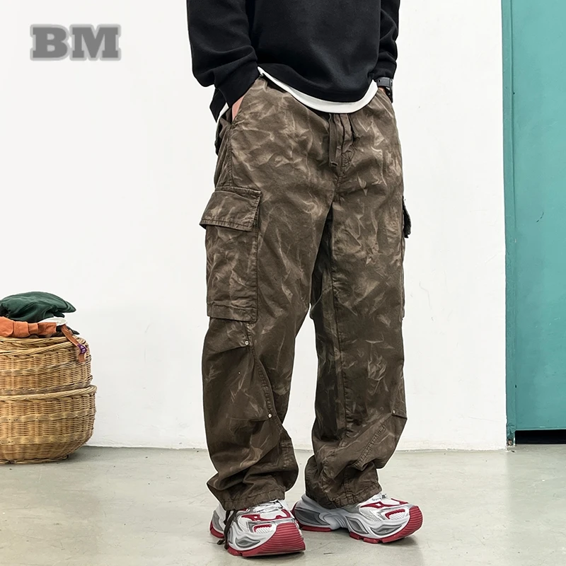 American Tactical Cargo Pants Men Premium 100% Cotton Distressed Tie Dye Straight Leg Loose Fit Multi Pocket Heavy Duty Casual