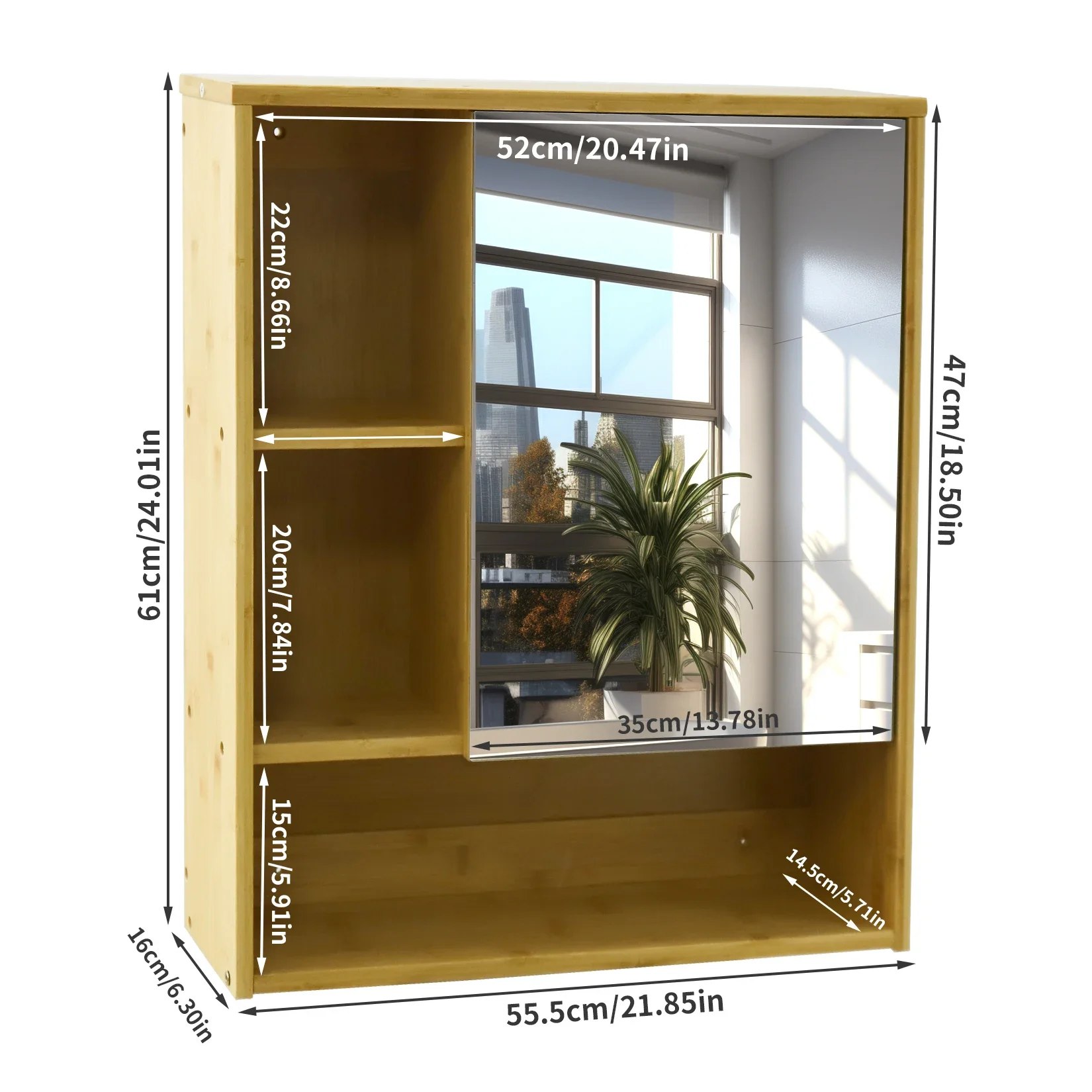 

Cabinet with Mirror: Natural Bamboo Bathroom Vanity Mirror Cabinet Wall Mounted Cupboard with Storage Shelves for Bedro