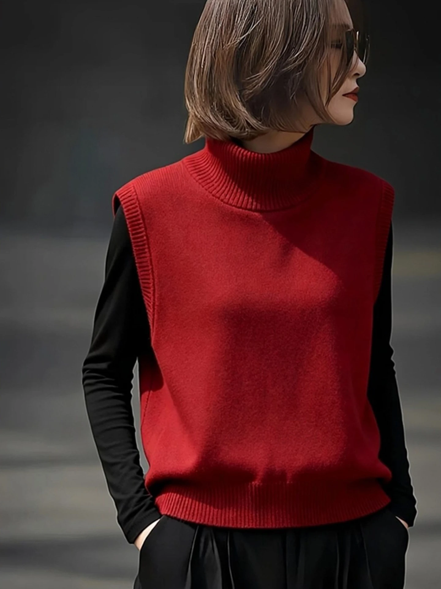 

Faionable Red Knitted Vest 2025 Winter Casual Versatile Design Sensation Layering Vest Commute Sle High Collar Regular Le...