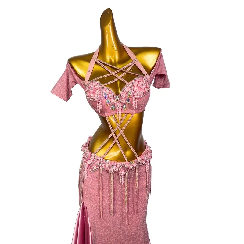 Costume de danse du ventre personnalisé, robe de spectacle pour femmes, nouvel ensemble de danse orientale, vêtements de danse exotiques, hauts roses, jupe longue, 2025