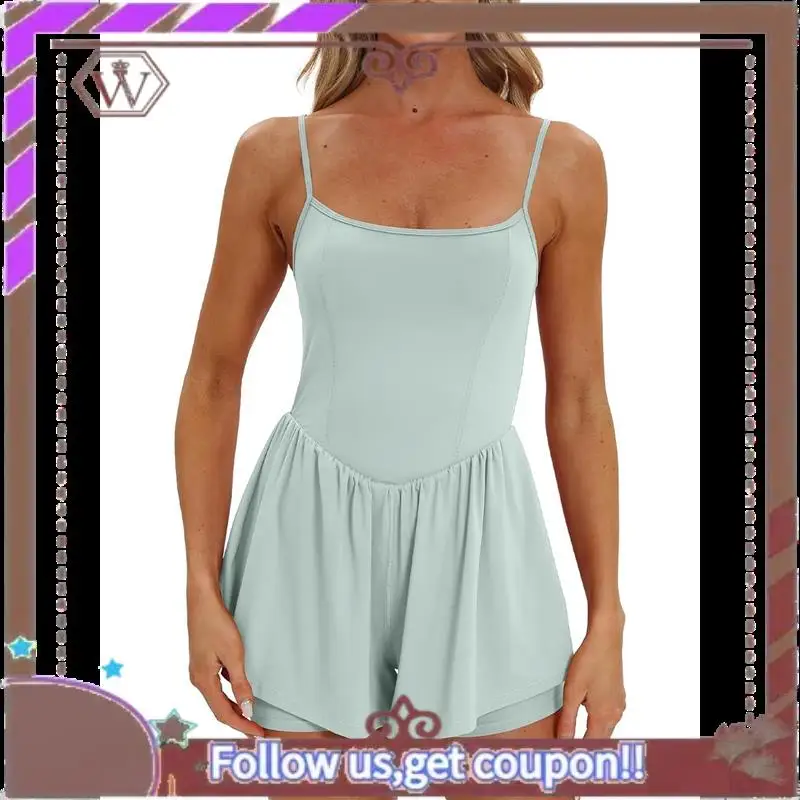 

A95D-Women's Summer Sleeveless Rompers Spaghetti Strap Double Lined Shorts Jumpsuit Outfits