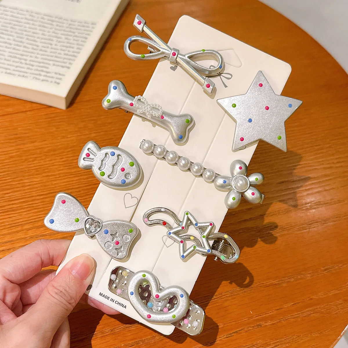 Y2K Hair Clips Set 8 Pcs Black Pink Beige Brown Star Duckbill Clips Sweet Punk For Side Bangs Multi Use Hair Accessories