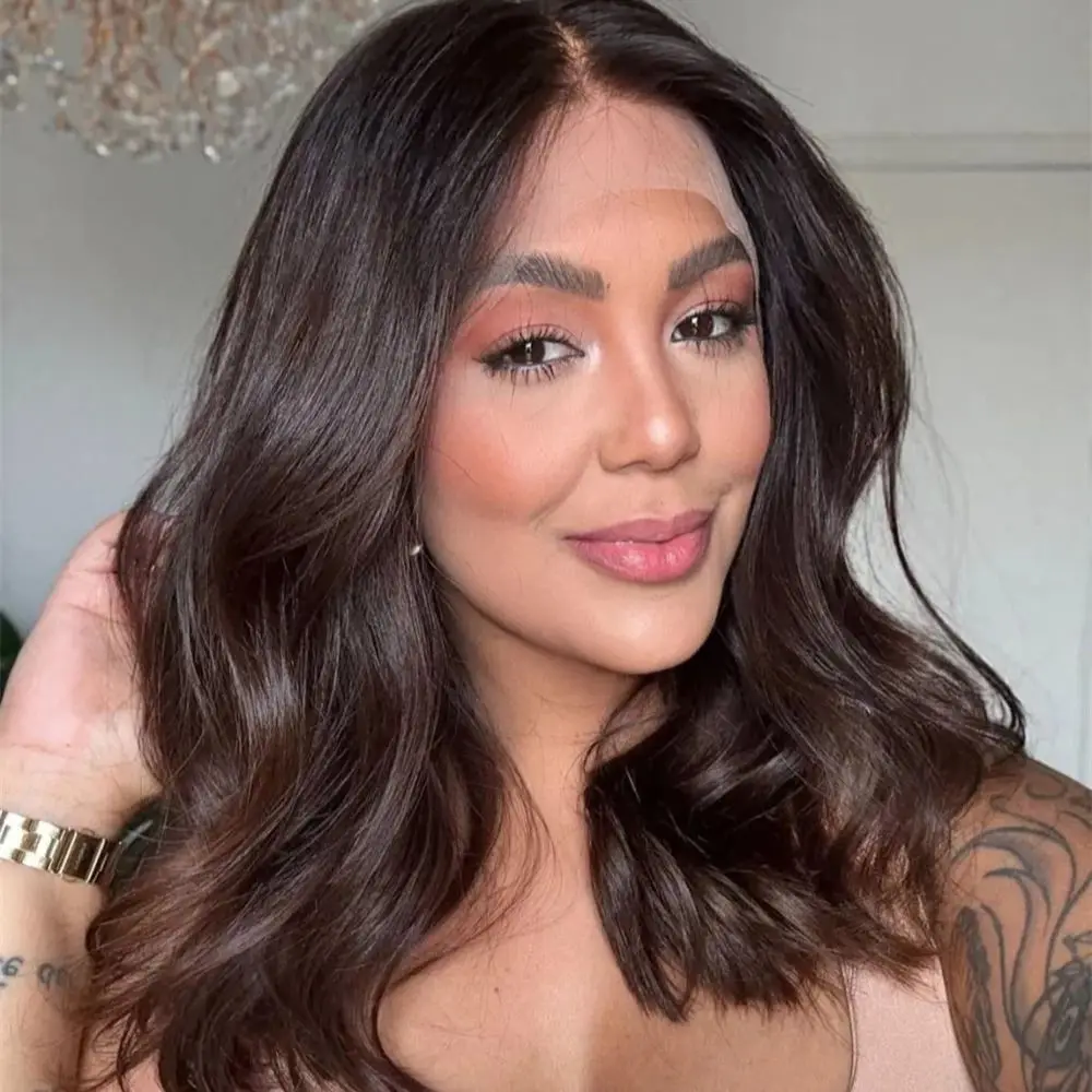 Dark Chocolate Brown Highlighted Lace Front Wig Synthetic Futura Small/Large Cap Glueless Wig Short Wavy for Party Daily Wear