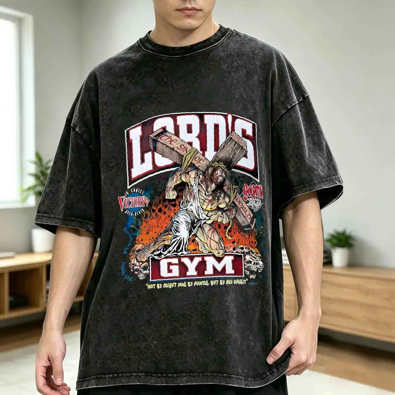washed T Shirt Vintage 90s Lord s Gym Black size Medium Double Sided vtg jesus tee 1995 vintage Washed Slightly Soft Casual