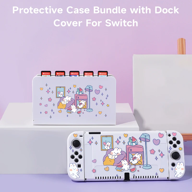 2 Pcs Cute Rabbit  Theme Pattern Protective Case with Base Cover Set for Switch OLED/Switch NS, Can Store 5 Game Cards